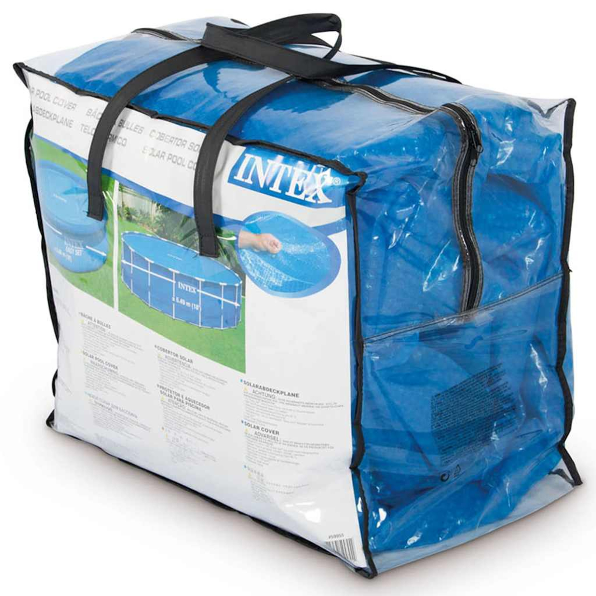Eine blau-weiße Intex-Poolabdeckungstasche mit schwarzen Griffen. Die Tasche hat einen Reißverschluss und enthält Poolabdeckungen.