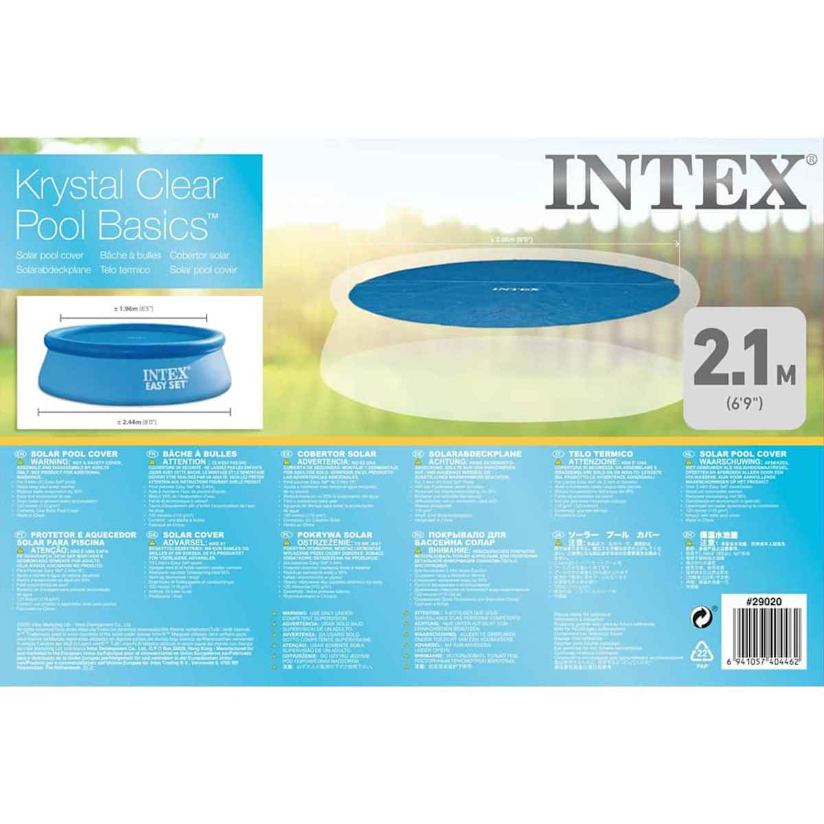 Eine Poolabdeckung über einem blauen Pool, mit Textetiketten in mehreren Sprachen und dem Intex-Logo.