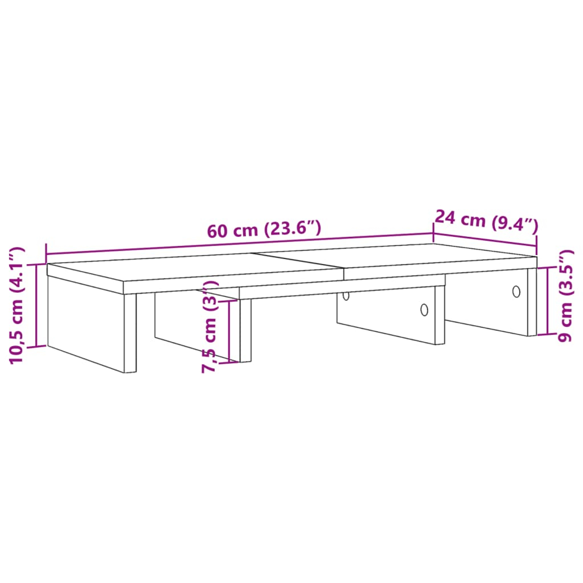 Ein weißer Holztisch mit beschrifteten Abmessungen. Der Tisch ist 60 cm lang und 24 cm breit, mit Beinen und Stützbrettern.