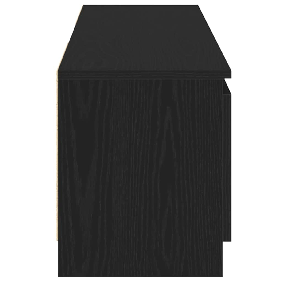 Ein schwarzer Holzschrank mit sichtbarer Holzmaserung. Die Oberseite und die Seiten sind vor weißem Hintergrund sichtbar. Der Schrank scheint neu zu sein.
