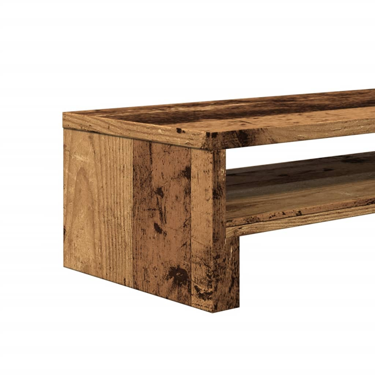 Nahaufnahme eines Holztisches mit einem Regal. Das Holz hat eine natürliche braune Farbe mit sichtbarer Maserung und Knoten, vor weißem Hintergrund.