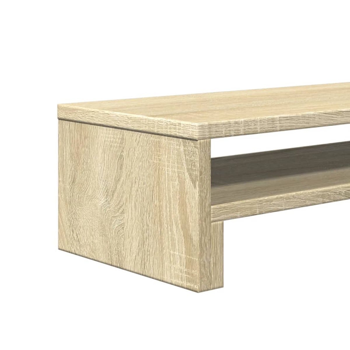 Eine hellbraune Holzbank mit einem Regal. Die Bank befindet sich auf weißem Hintergrund. Die Holzmaserung ist sichtbar.