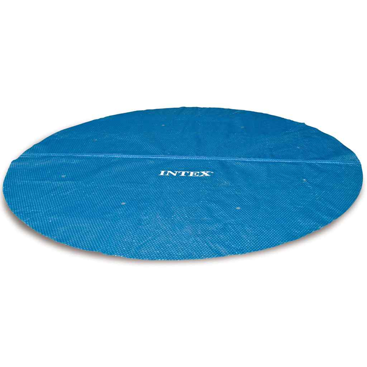 Eine blaue Intex-Poolabdeckung. Sie ist oval und hat eine strukturierte Oberfläche. Der Markenname Intex ist aufgedruckt.