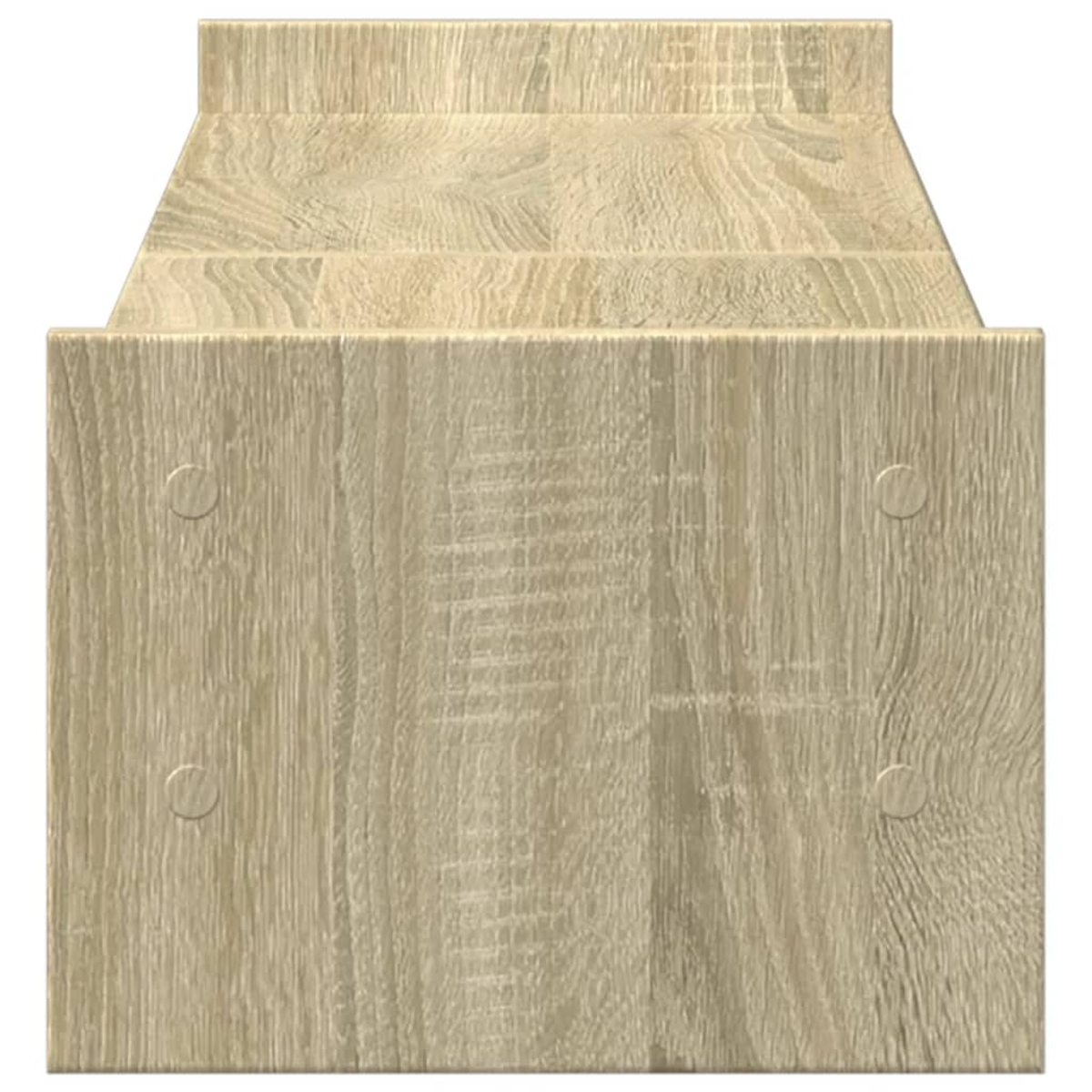 Eine Holzstruktur mit drei Stufen, hellbraune Farbe, Maserungsdetails und vier kreisförmige Details im unteren Teil.
