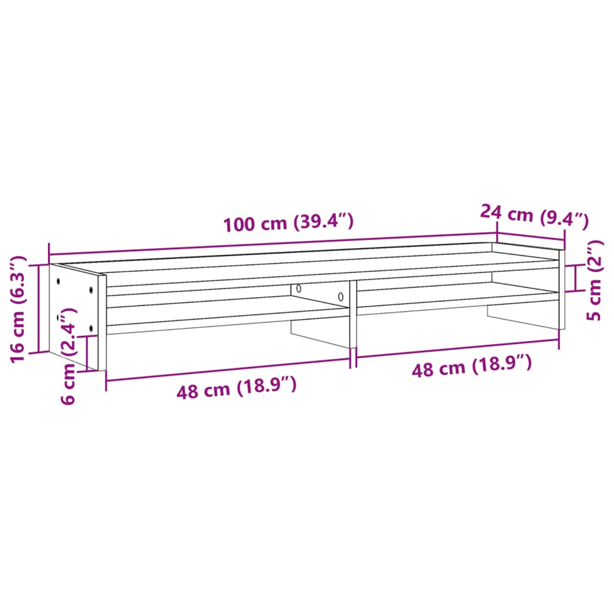 Ein Diagramm eines Holzregals mit Abmessungen in cm und Zoll. Es hat ein oberes Regal, ein mittleres Regal und ein unteres Regal.