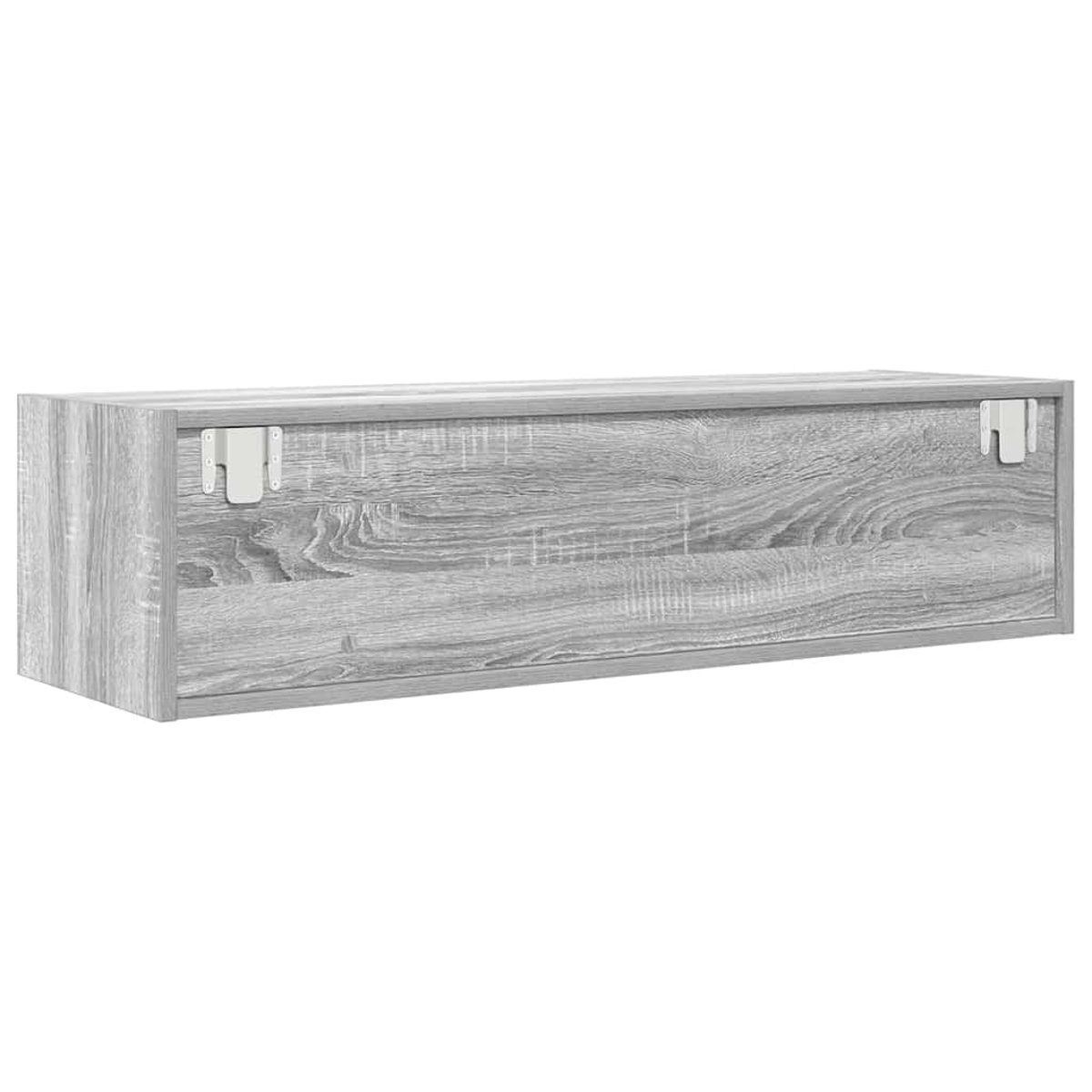 Ein rechteckiger, grauer, an der Wand befestigter Holzschrank. Er hat eine hellgraue Holzmaserung und zwei weiße Metallhalterungen.
