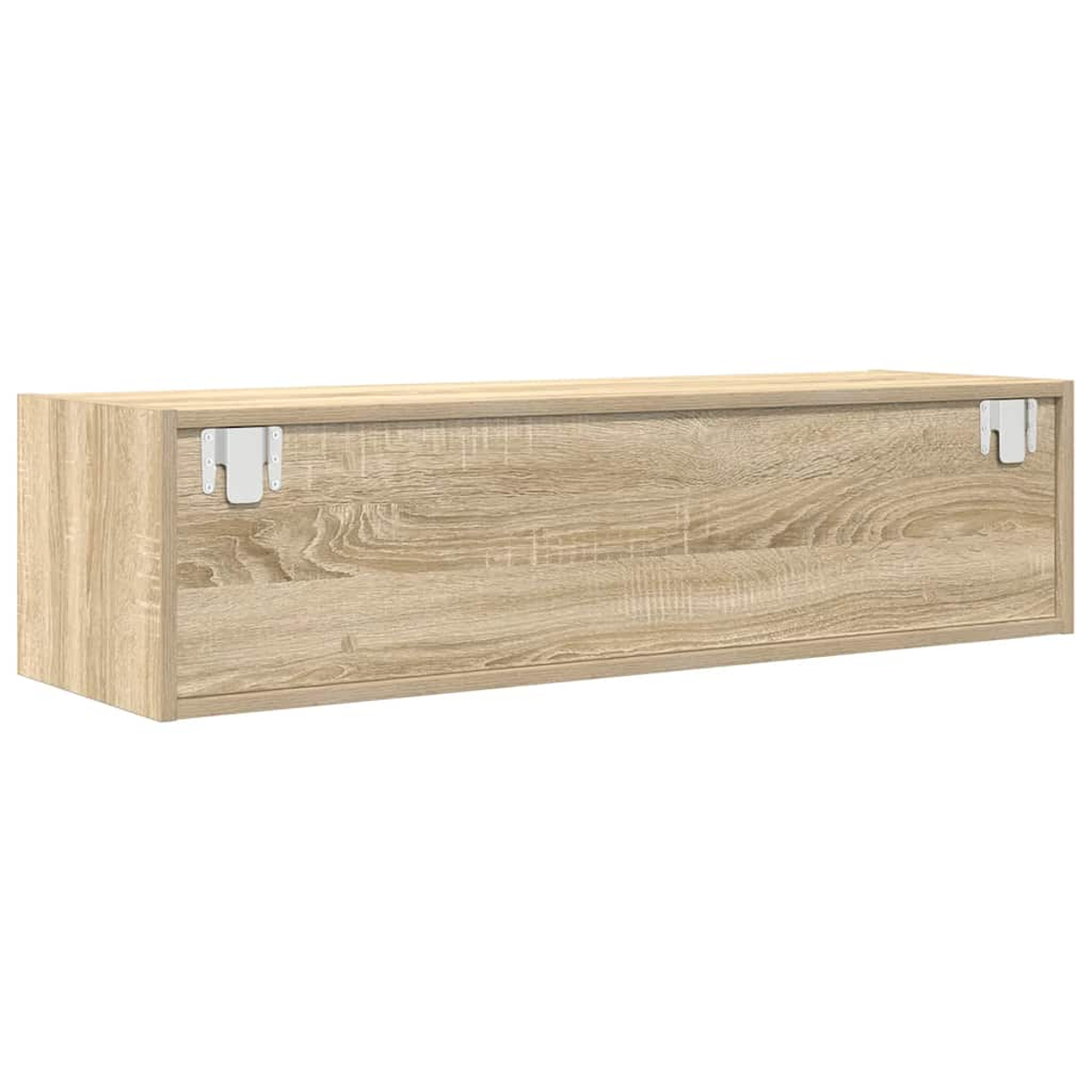 Ein hellbrauner Holzschrank mit Holzmaserung und Metallhalterungen an den Seiten ist auf weißem Hintergrund isoliert.