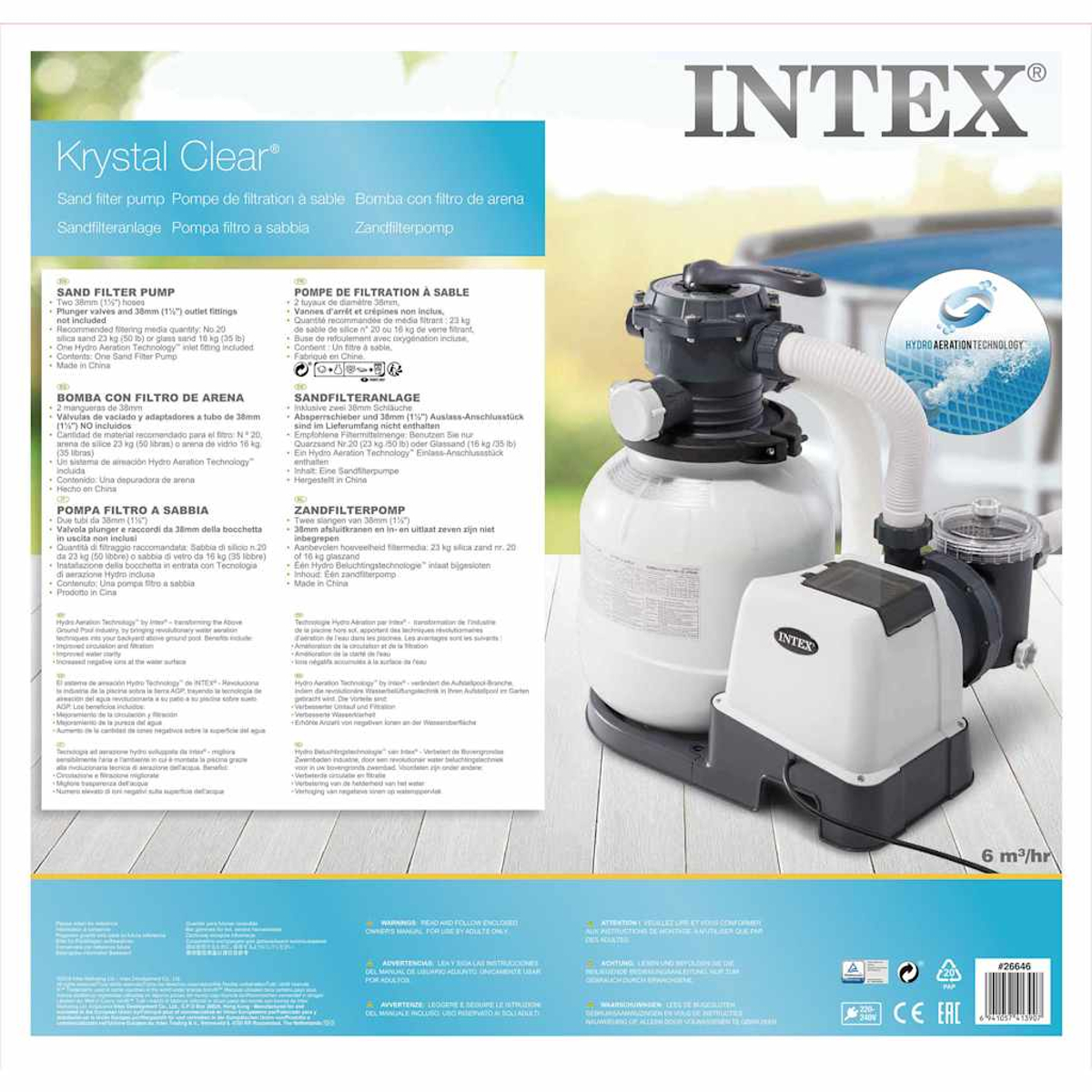 Eine weiße und graue Intex-Sandfilterpumpe steht auf einer weißen Oberfläche mit Text und Logo.