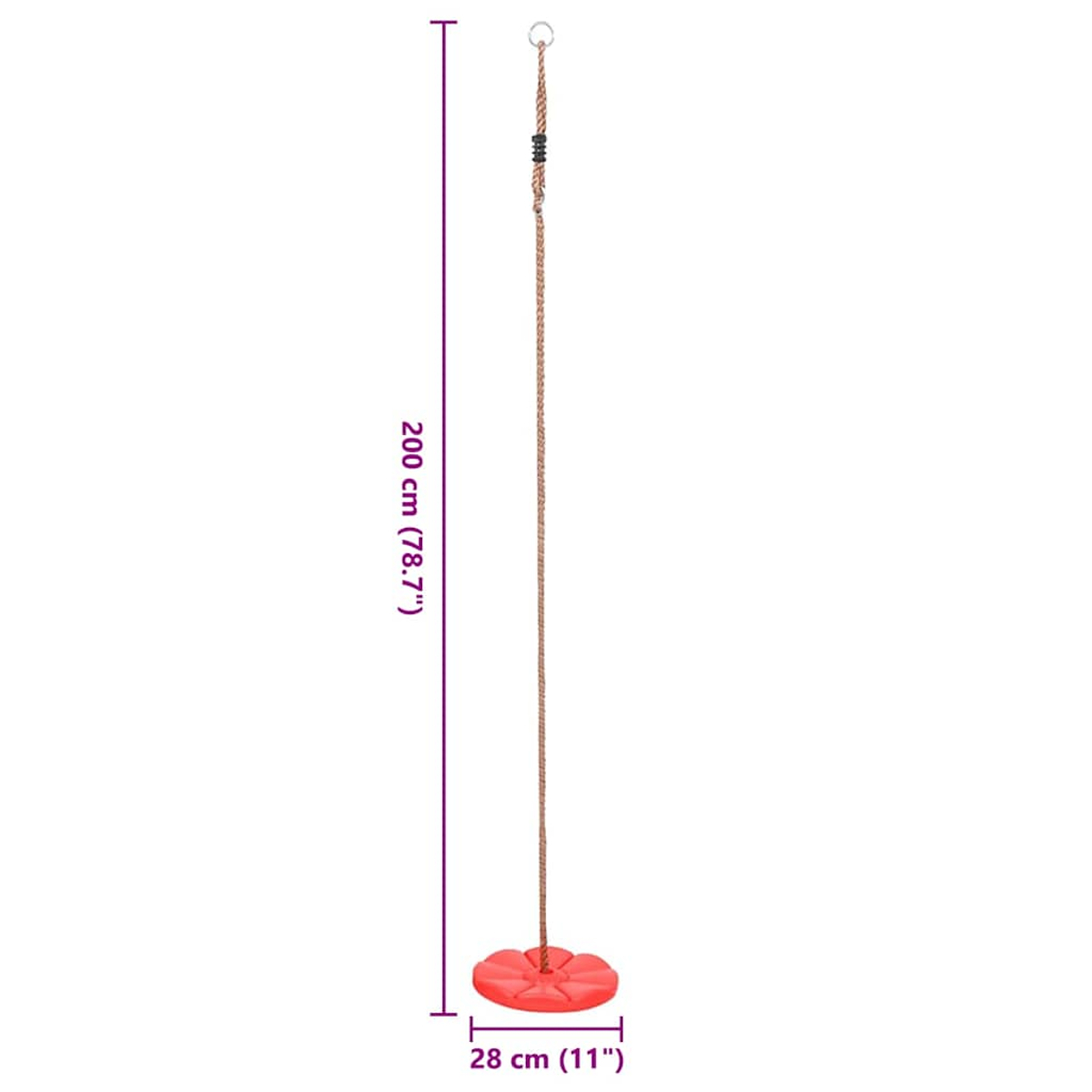 Un'altalena a disco rossa appesa a una corda. Vengono visualizzate le misure: 200 cm (78,7") e 28 cm (11").