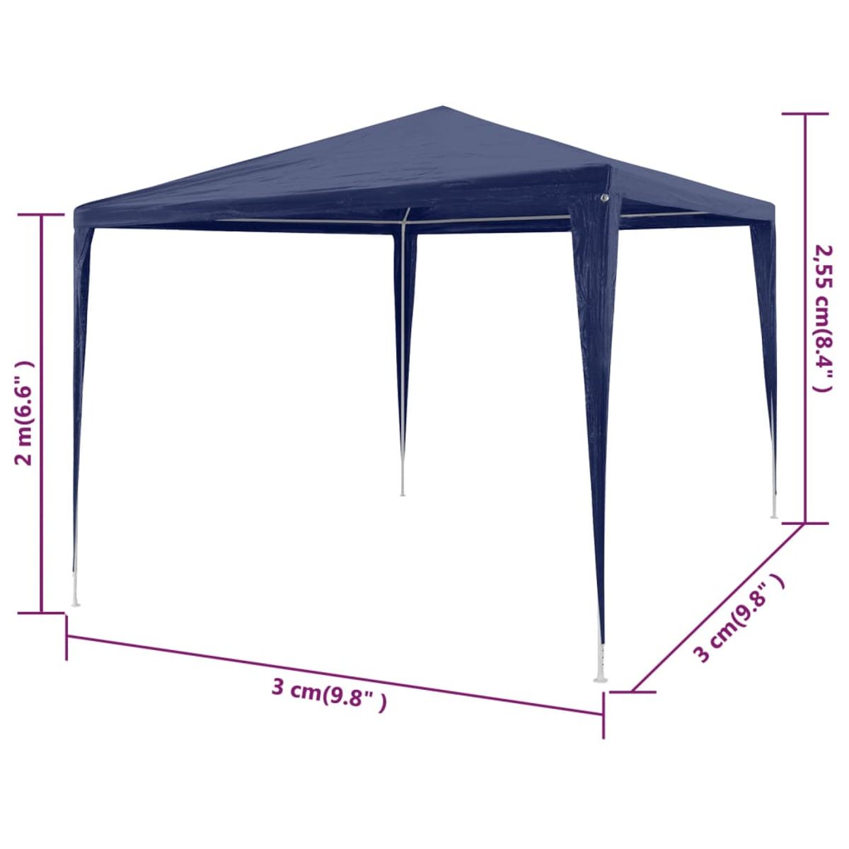 Ein marineblauer Pop-up-Pavillon. Die Abmessungen sind angegeben: 2m (6,6"), 3 cm (9,8") und 2,55 cm (8,4").