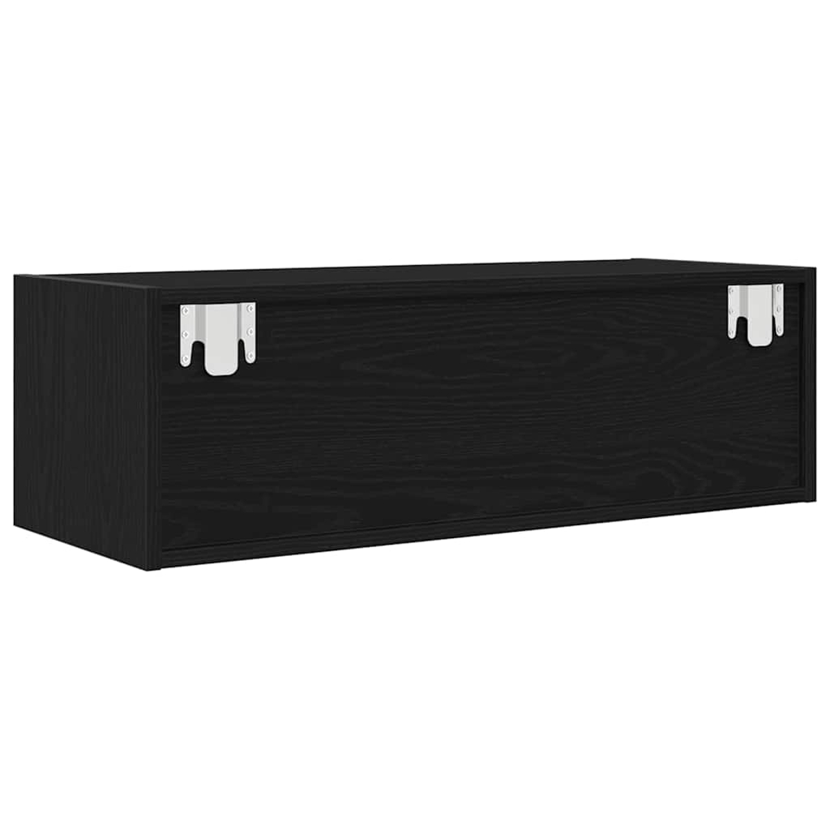 Ein schwarzer, rechteckiger, an der Wand montierter Schrank. Er hat eine Holzmaserung. Metallhalterungen sind oben und an den Seiten sichtbar.