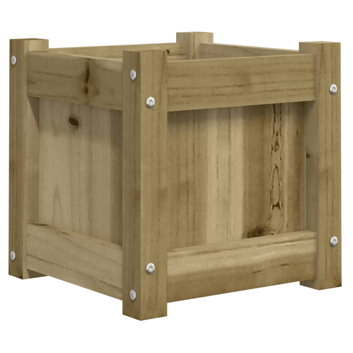 Eine Holzkiste. Sie ist hellbraun und hat eine quadratische Form. Die Kiste besteht aus Holzplanken und wird von Schrauben zusammengehalten.