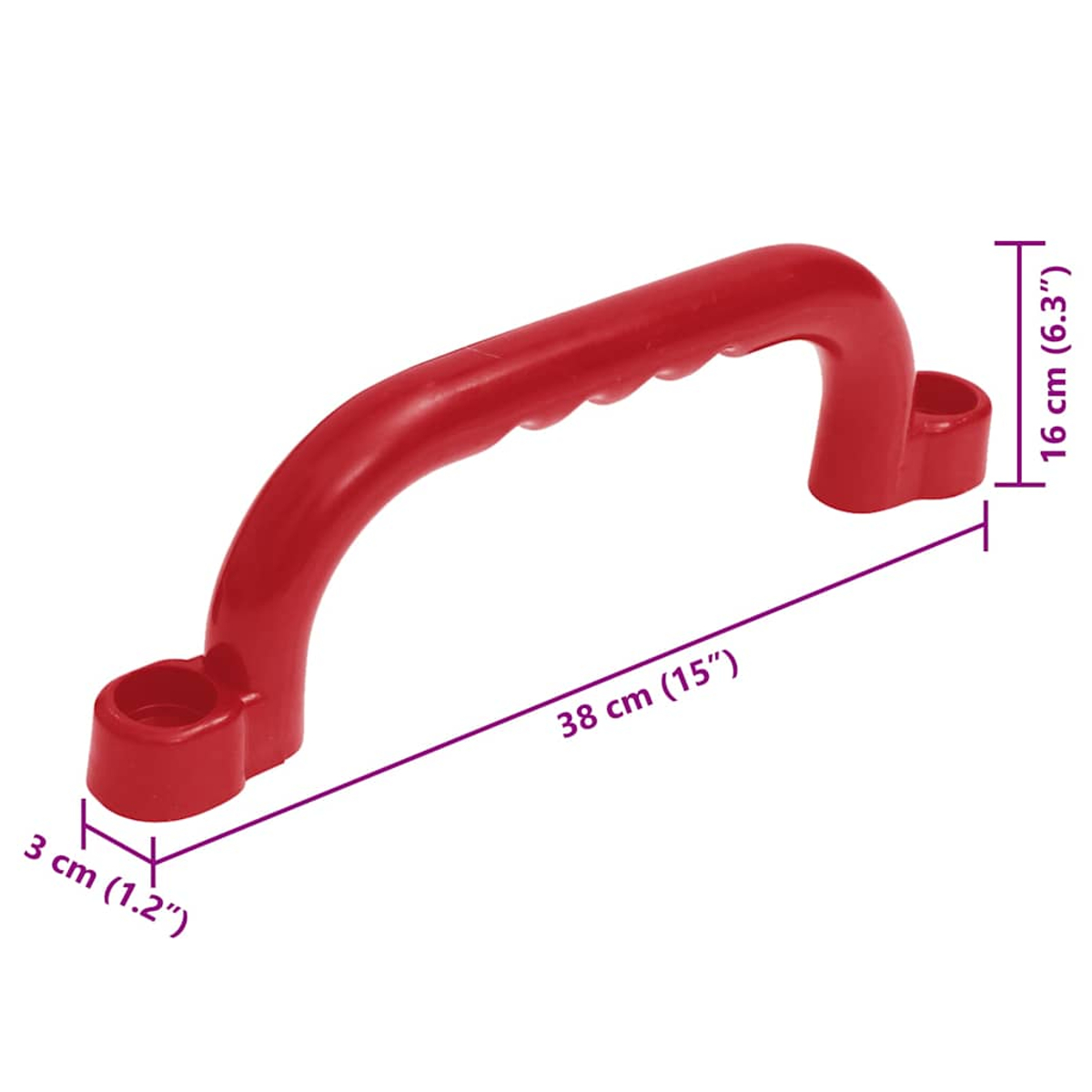 Ein roter Griff mit Maßangaben. Der Griff ist gewölbt und hat zwei zylindrische Enden. Maße: 38 cm (15"), 16 cm (6,3"), 3 cm (1,2").