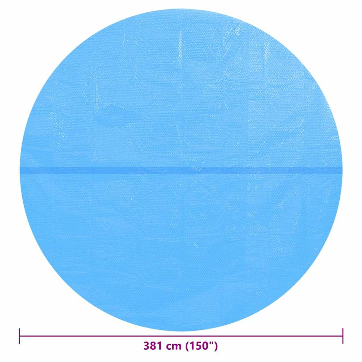 Eine große, kreisförmige blaue Poolabdeckung. Eine horizontale Linie kreuzt den Kreis. Der Durchmesser beträgt 381 cm (150").