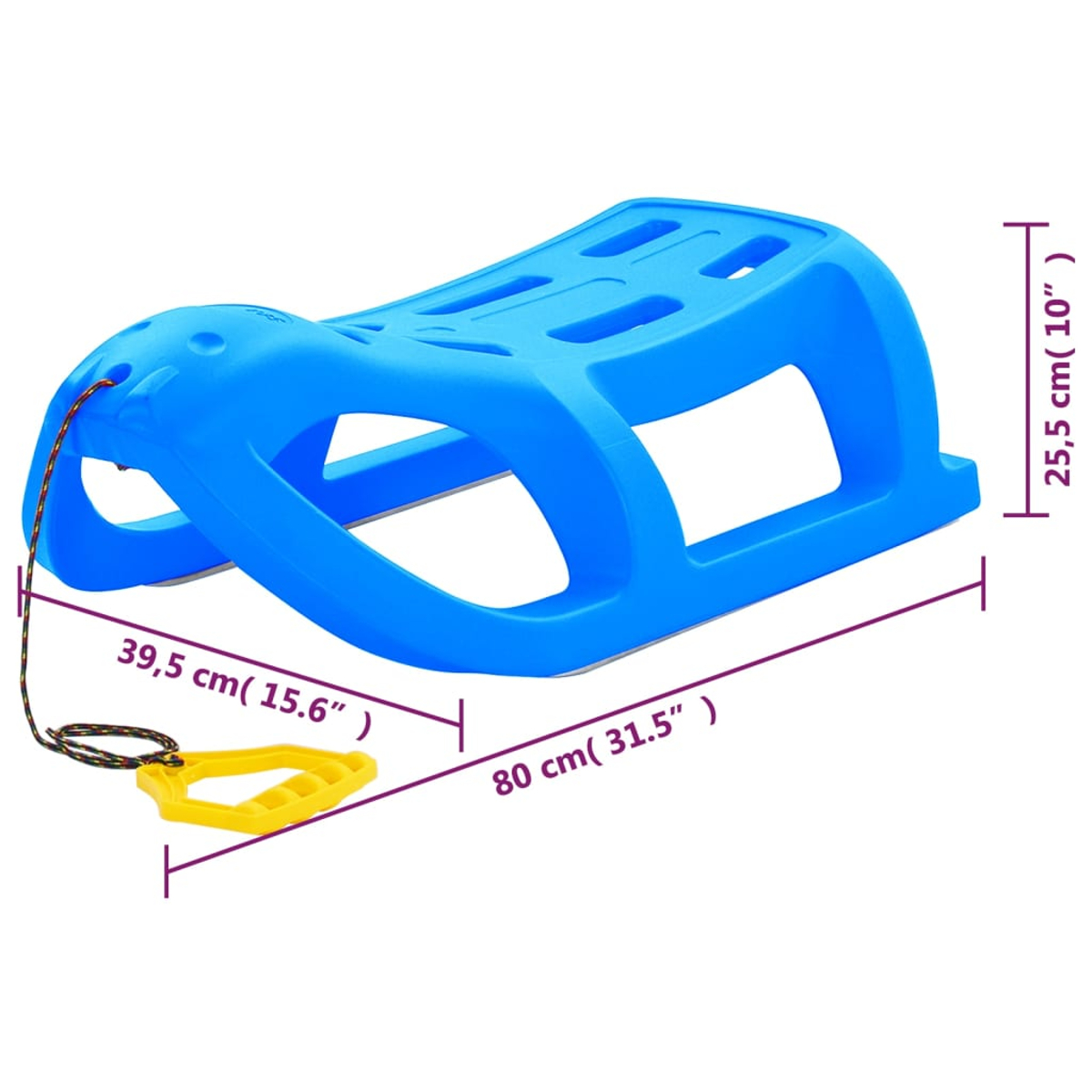 Ein blauer Plastikschlitten mit gelbem Griff. Er hat Abmessungen, die mit Linien und Maßen in cm und Zoll angegeben sind.