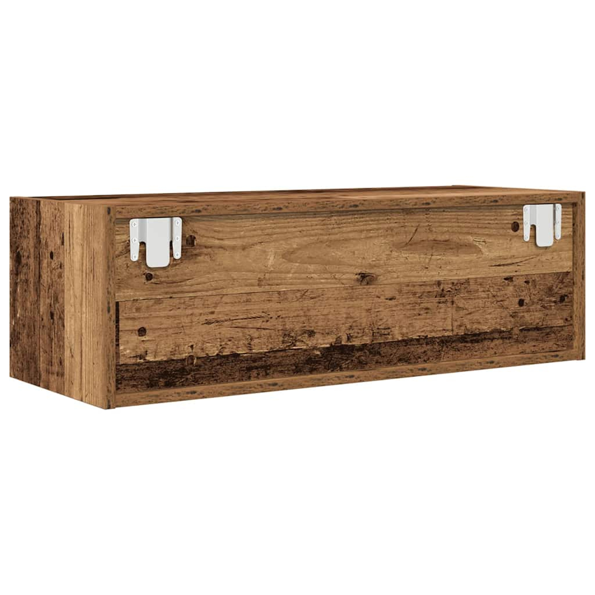 Holzregal mit sichtbarer Holzmaserung, zwei Metallhalterungen oben. Es hat eine rechteckige Form und befindet sich auf weißem Hintergrund.
