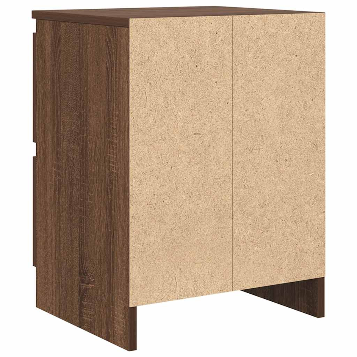 Ein Holzschrank mit braunen und beigen Paneelen. Die Seite und die Oberseite sind braun, die Rückseite ist beige.