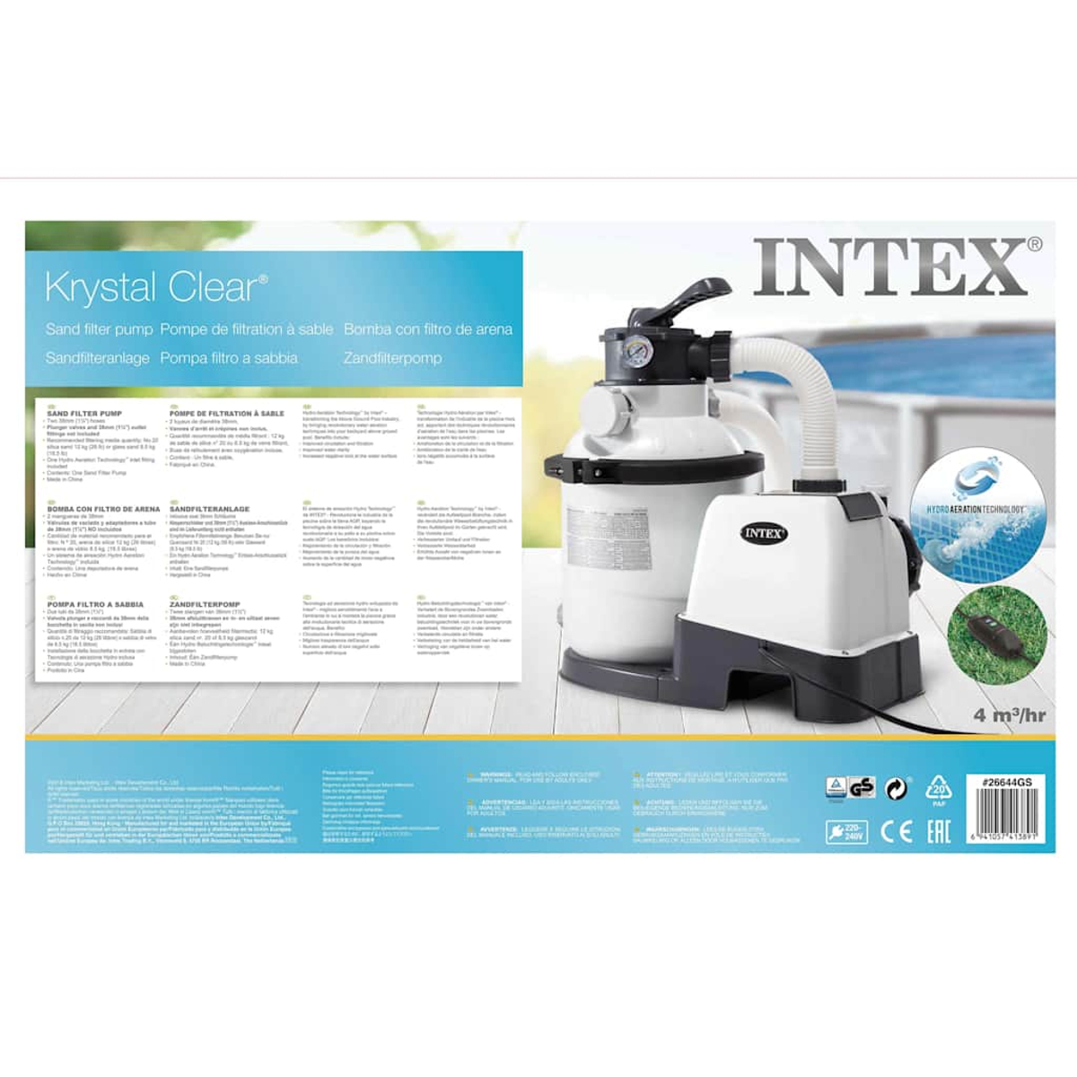 Eine Intex Krystal Clear Sandfilterpumpe. Das Produkt ist weiß und schwarz, mit einem weißen Schlauch. Es befindet sich auf weißem Hintergrund.