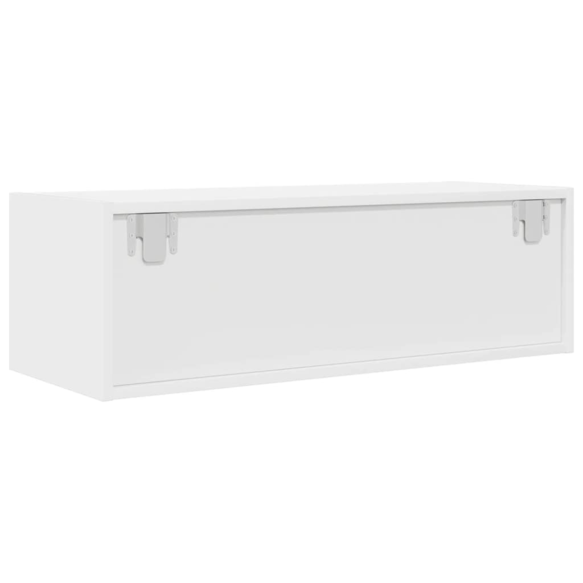 Ein weißer, an der Wand befestigter Schrank mit zwei silbernen Halterungen, von vorne gesehen. Der Hintergrund ist weiß.