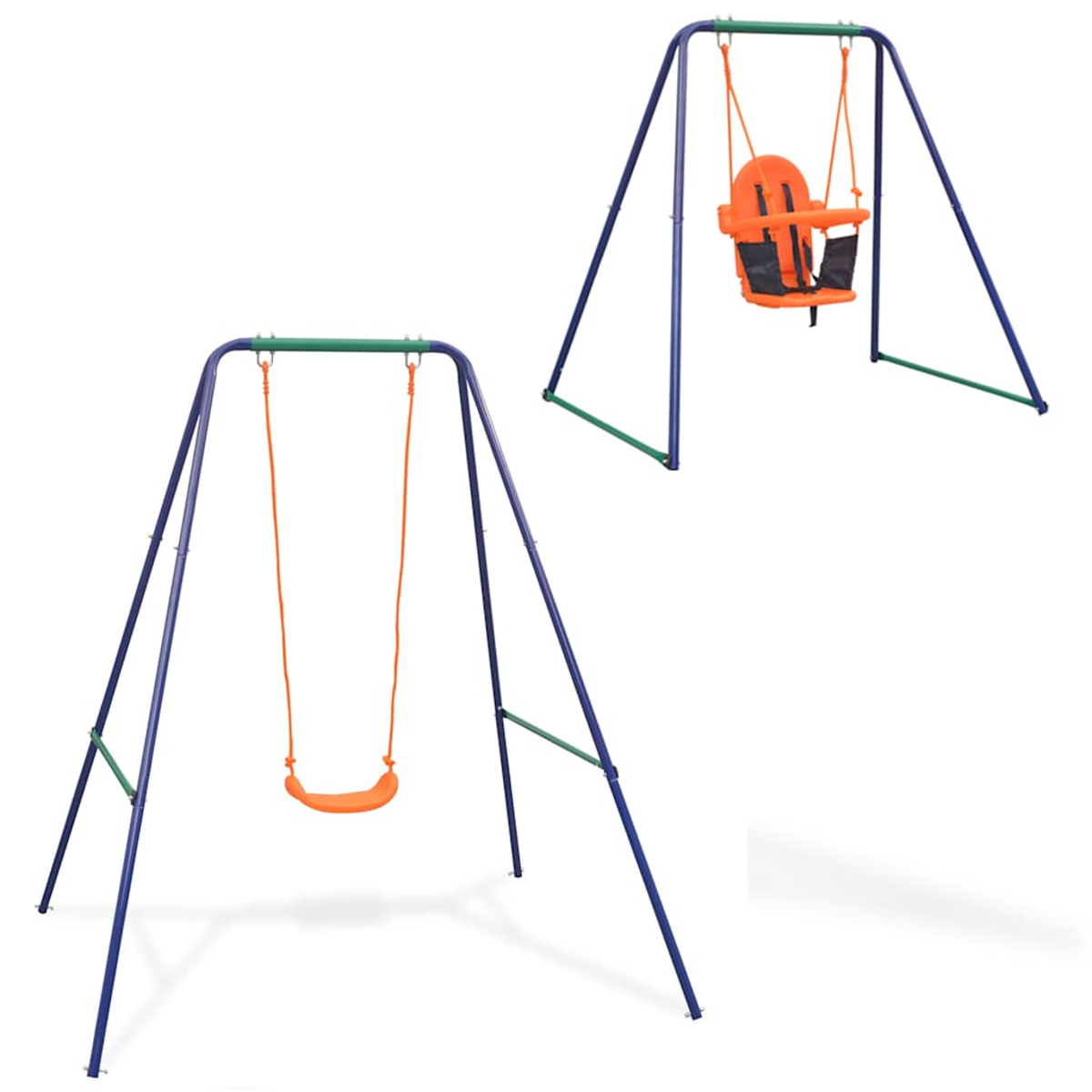 Due altalene con seggiolini arancioni. I telai sono blu con accenti verdi. Una ha un seggiolino per bambini.