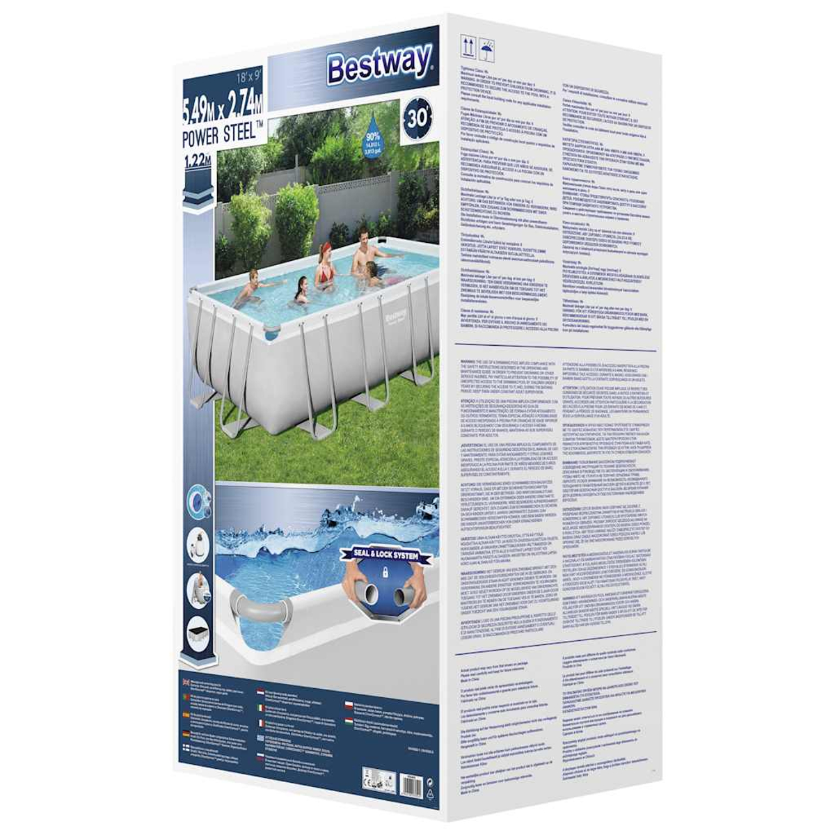 Ein Bestway-Aufstellpool auf einer Box, mit Personen darin. Die Box zeigt die Poolabmessungen und -merkmale mit Text und Bildern.