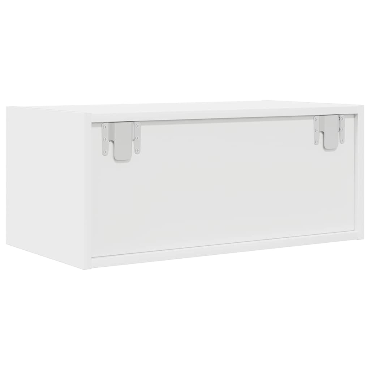 Eine weiße, rechteckige Box mit einer Scharnierfront. Metallbeschläge sind sichtbar. Der Hintergrund ist schlicht weiß.
