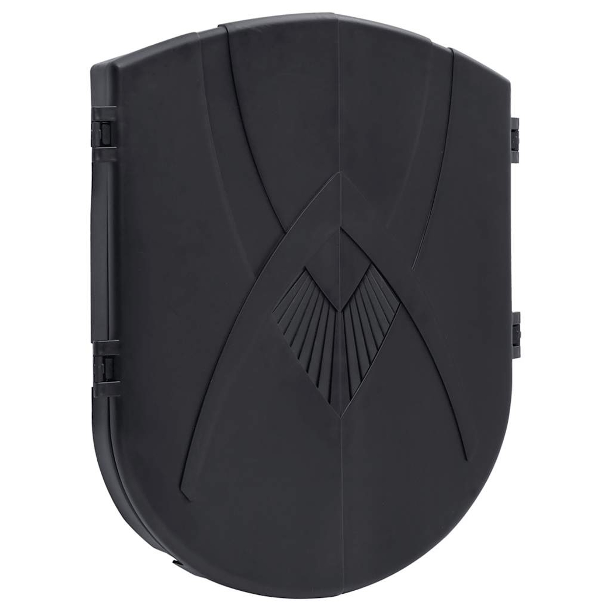 Ein geschlossener schwarzer Dartscheibenschrank. Er ist oval geformt und hat ein dekoratives Design auf der Vorderseite. Der Schrank ist mit Scharnieren verschlossen.