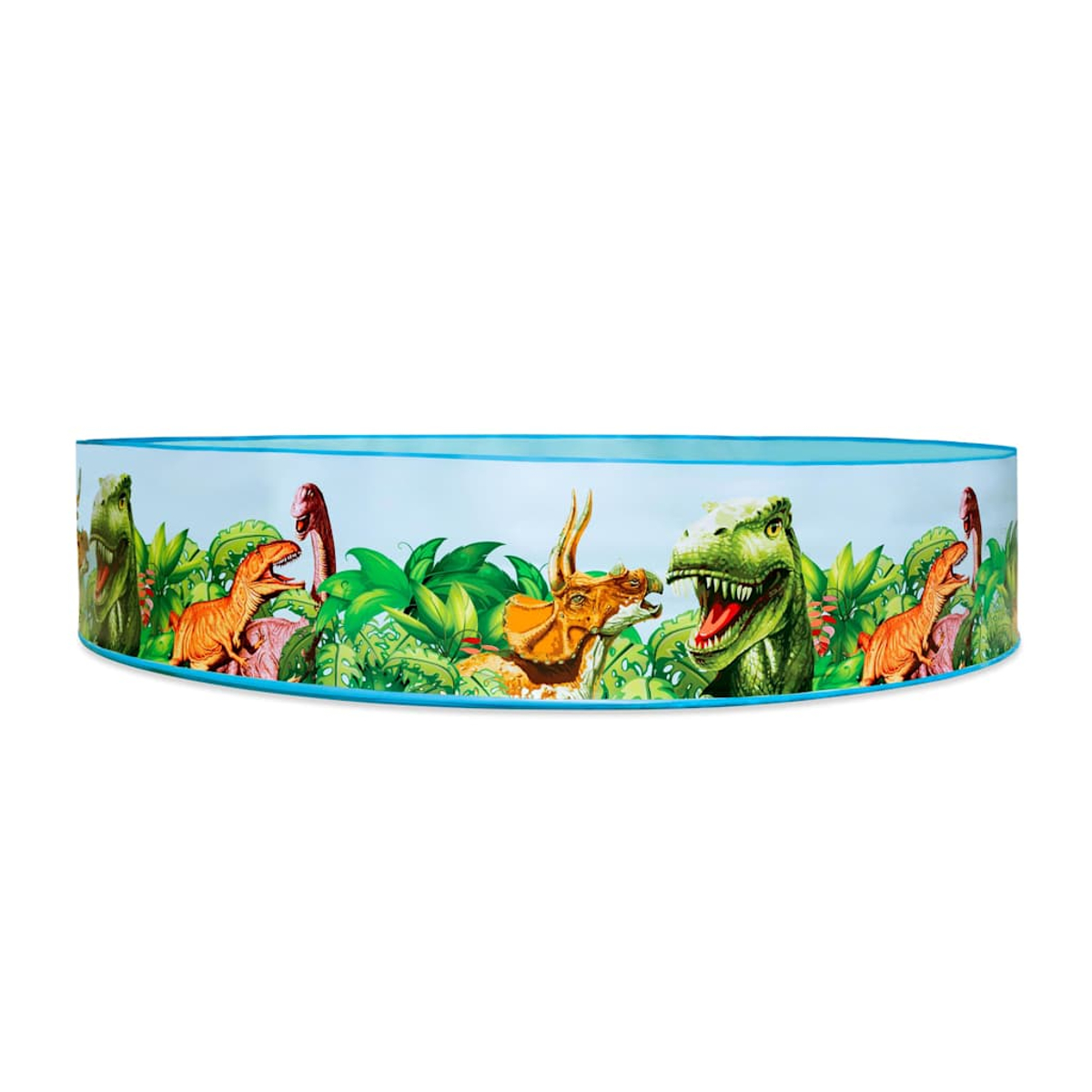 Ein runder Pool mit Dinosaurier-Design. Grüne, orangefarbene und braune Dinosaurier vor einem Hintergrund aus grünem Laub.