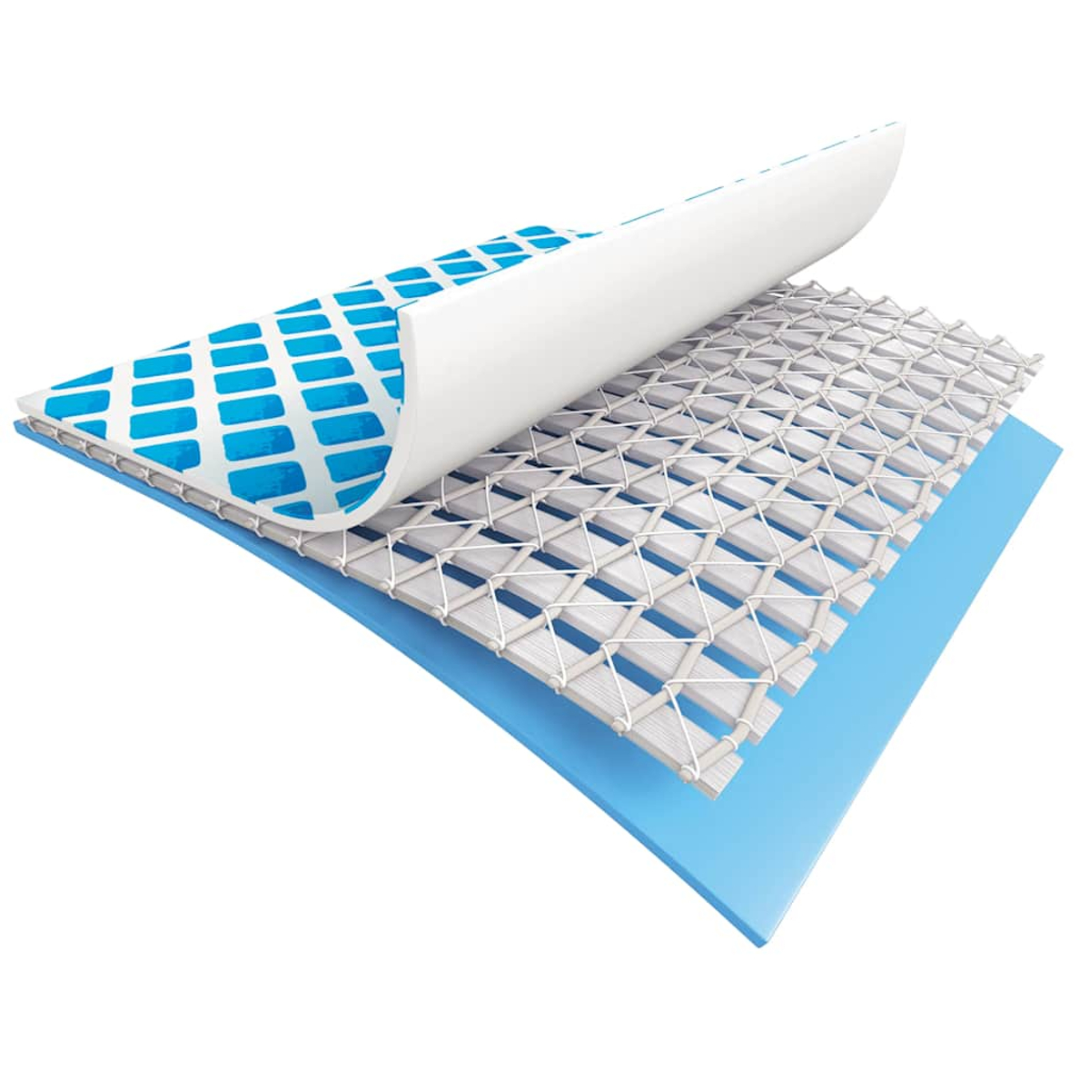 Querschnitt eines geschichteten Materials, der eine blau gemusterte obere Schicht, eine gewebte Mittelschicht und eine blaue Basisschicht zeigt.