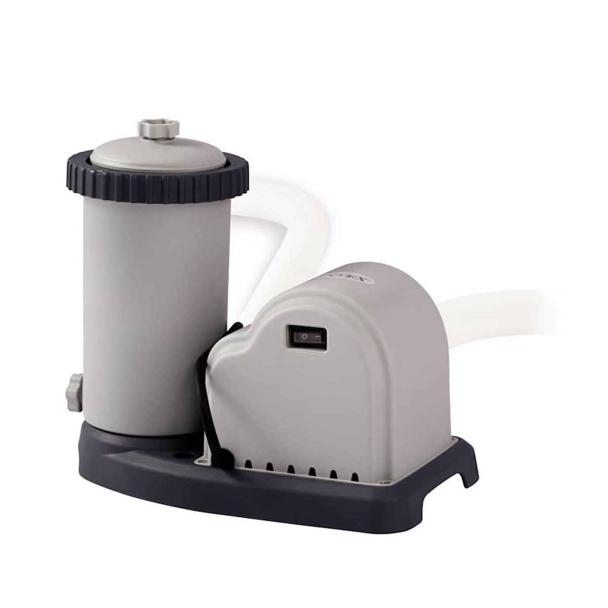 Grauer Poolfilter mit zylindrischem Tank und rundem Motorgehäuse, schwarzer Basis und Netzschalter.