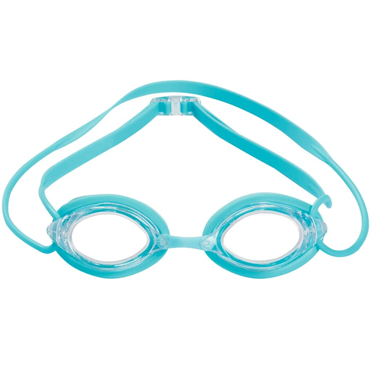 Eine türkisfarbene Schwimmbrille mit klaren Gläsern und einem passenden Riemen, isoliert auf weißem Hintergrund.