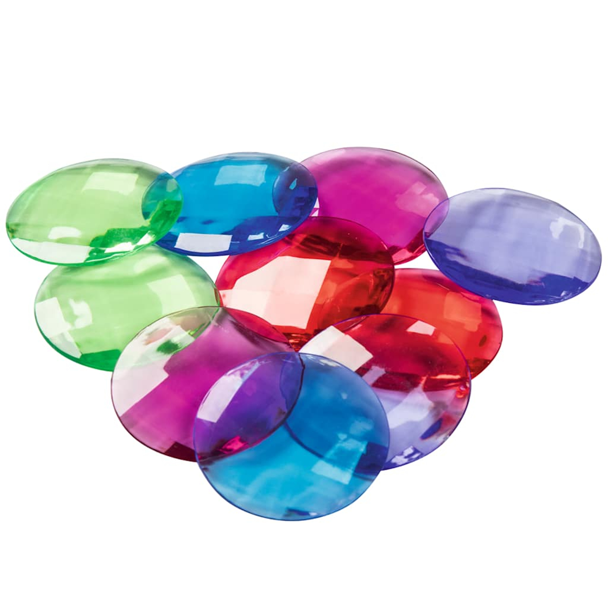 Verschiedene bunte, durchscheinende, oval geformte Edelsteine sind auf weißem Hintergrund angeordnet. Farben sind Grün, Blau, Rot, Lila und Violett.