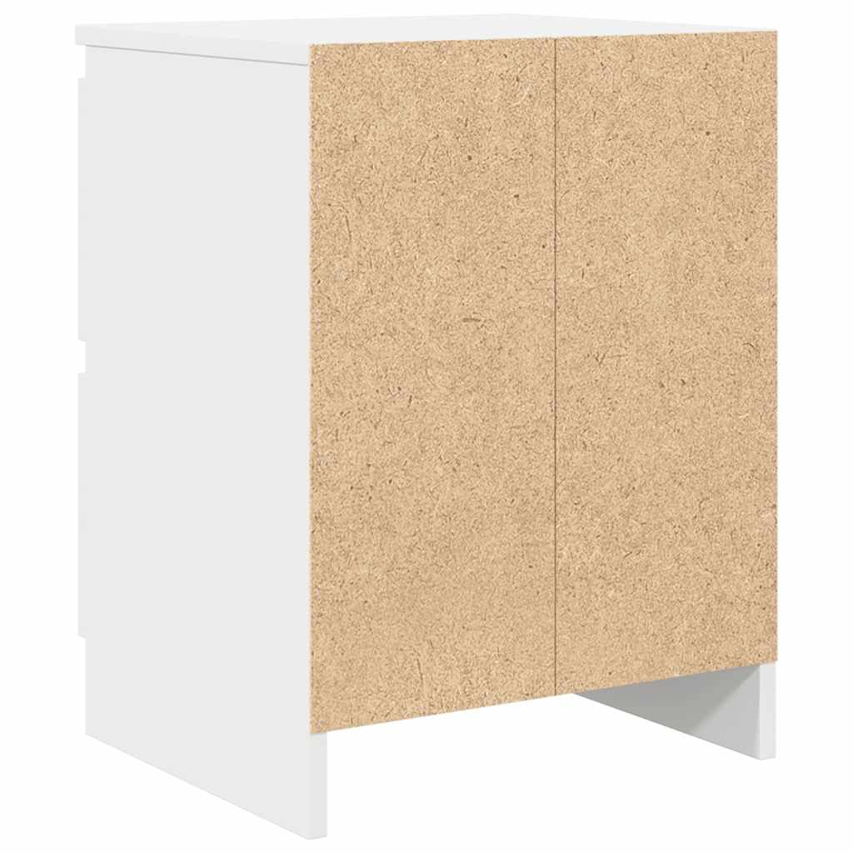 Ein weißer Schrank mit hellbrauner Rückseite. Die Rückseite ist in zwei Felder unterteilt. Der Schrank hat ein schlichtes Design und steht auf dem Boden.