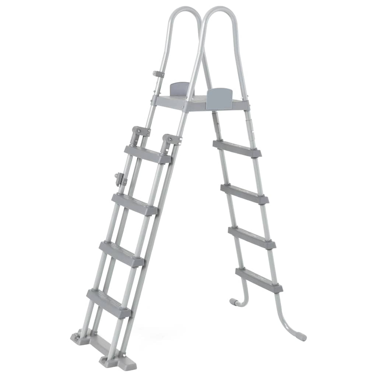 Een grijze, dubbelzijdige zwembadtrap op een witte achtergrond. De trap heeft treden aan beide zijden en een platform bovenaan.