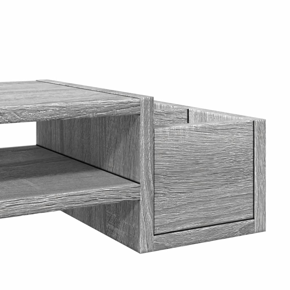 Nahaufnahme eines grauen Holzregals. Zwei Regale sind sichtbar, mit einer Seitenwand, die eine quaderförmige Form bildet, alles vor weißem Hintergrund.