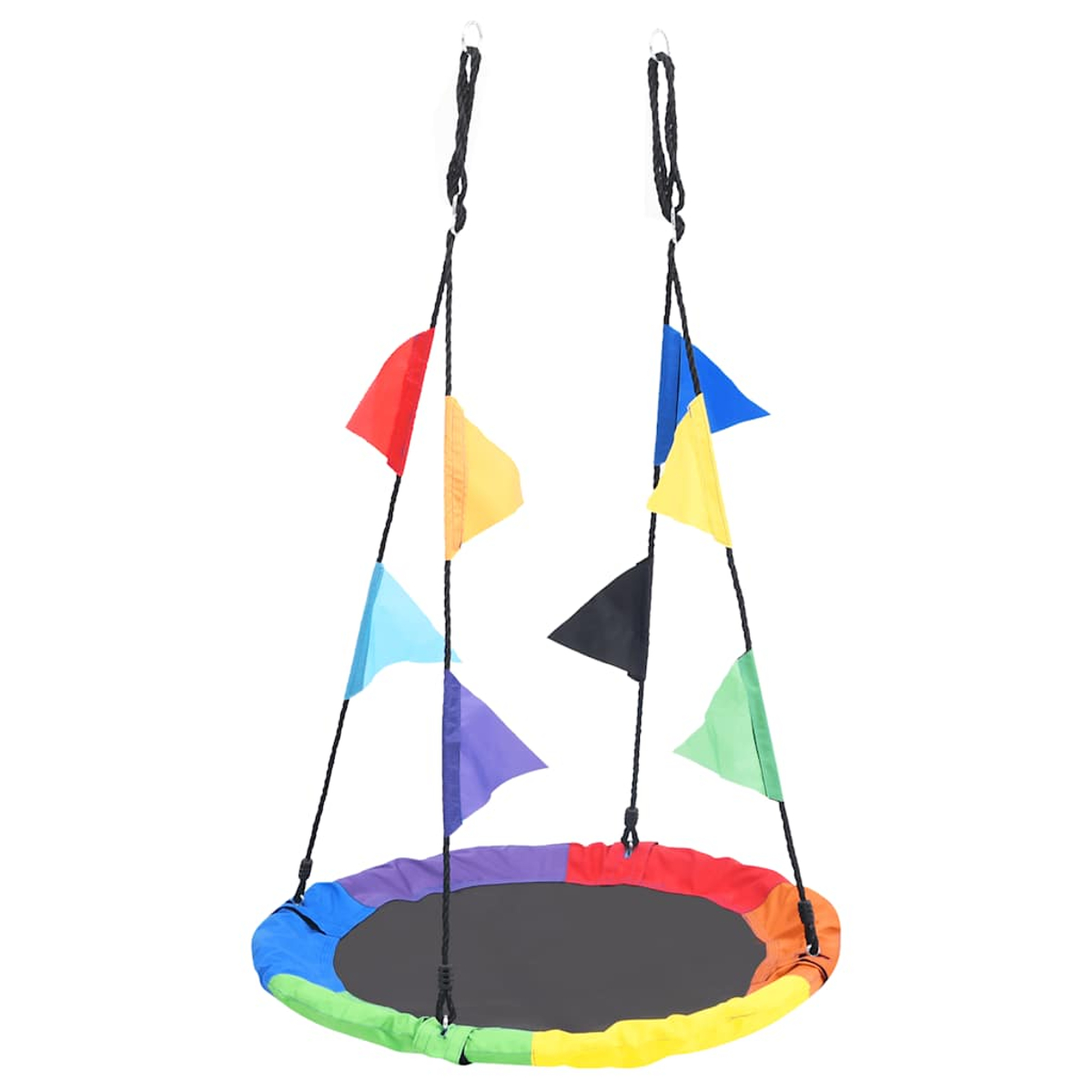 Un'altalena colorata con bordo arcobaleno e interno nero. Diverse bandiere di colori diversi sono attaccate alle corde.