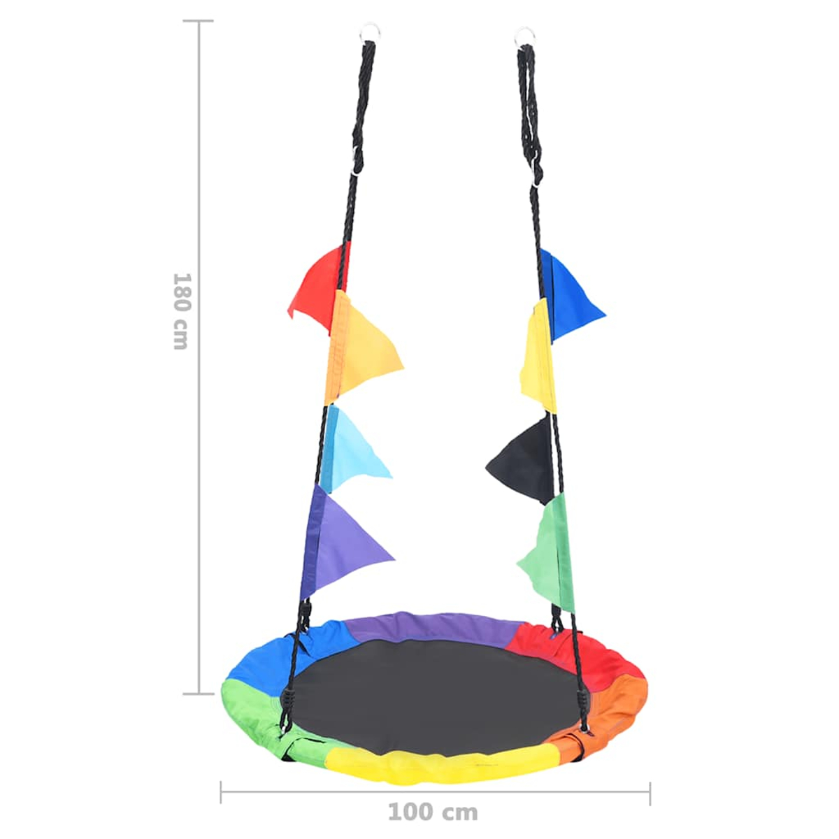 Un'altalena rotonda con bordi color arcobaleno e un centro nero. L'altalena ha bandiere di vari colori lungo le corde.