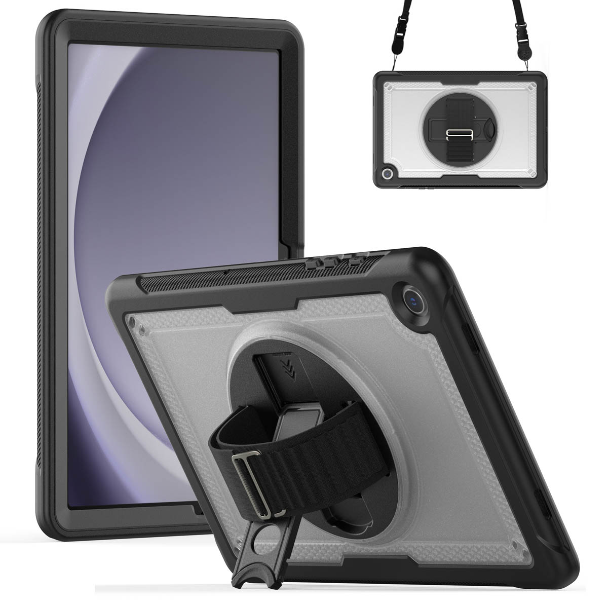 A black tablet case with a clear back, a hand strap, and a kickstand. Another case is shown with a strap.