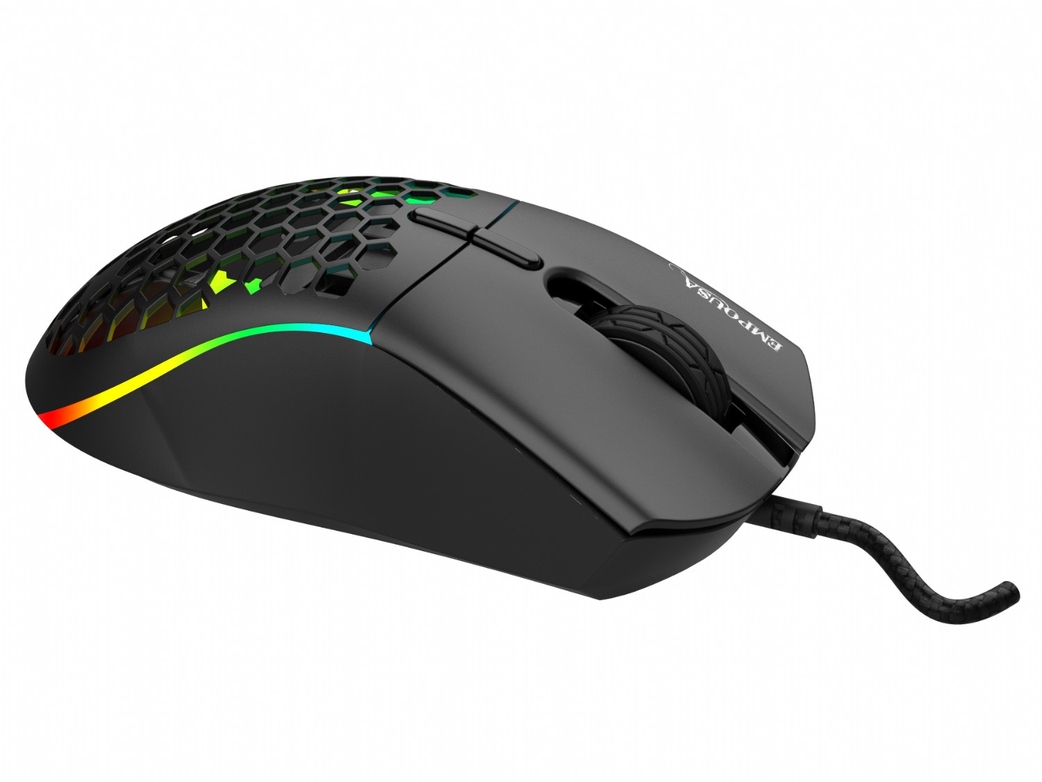 Souris gaming noire avec éclairage RGB. Comprend un design en nid d'abeille, une molette et un câble tressé. La souris porte le mot EMPOLUSA.
