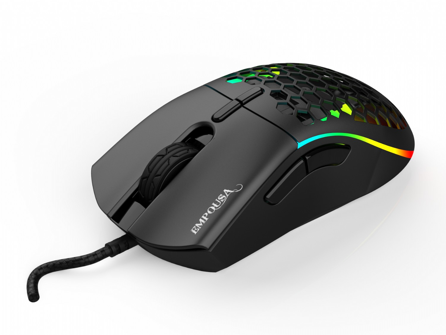 Souris d'ordinateur noire avec des lumières colorées. Elle a un design en nid d'abeille sur le dessus et un câble tressé. La marque est Empousa.