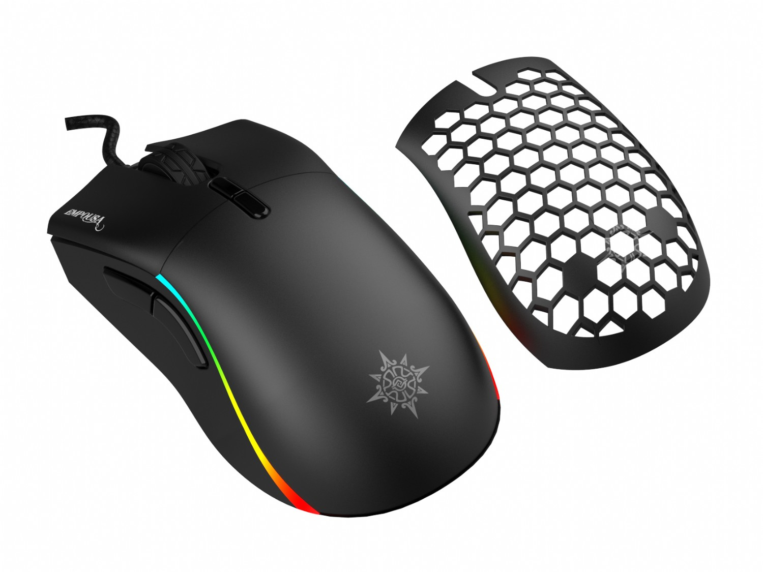 Souris de jeu noire avec un couvercle supérieur en nid d'abeille. La souris a un logo et une bande LED colorée sur le côté.
