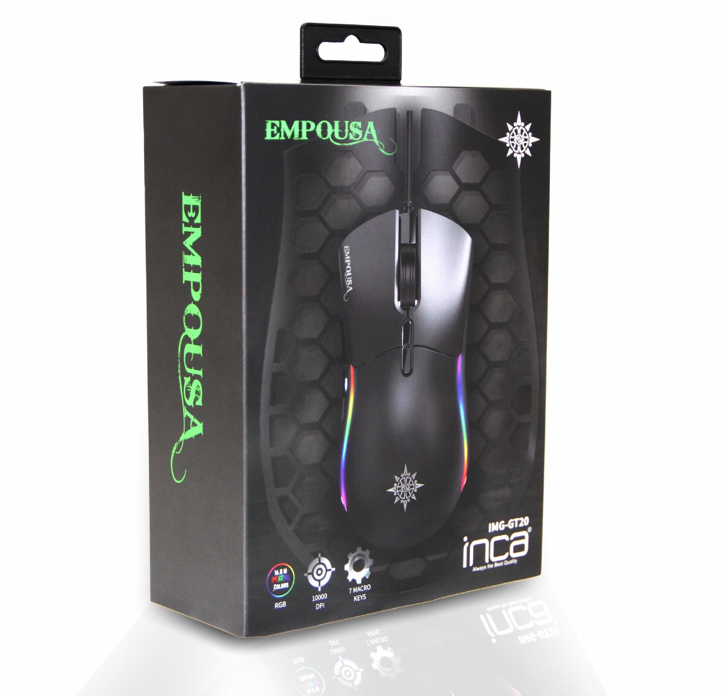 Une souris gaming Empousa Inca noire est présentée dans sa boîte. La boîte est noire avec des accents colorés et un fond blanc.