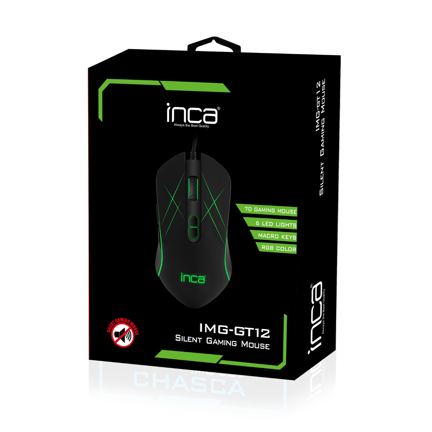 Schwarzer Inca-Gaming-Mauskarton. Er zeigt die Maus, Modell IMG-GT12, und Funktionen wie 7D-Gaming und RGB-Farbe.