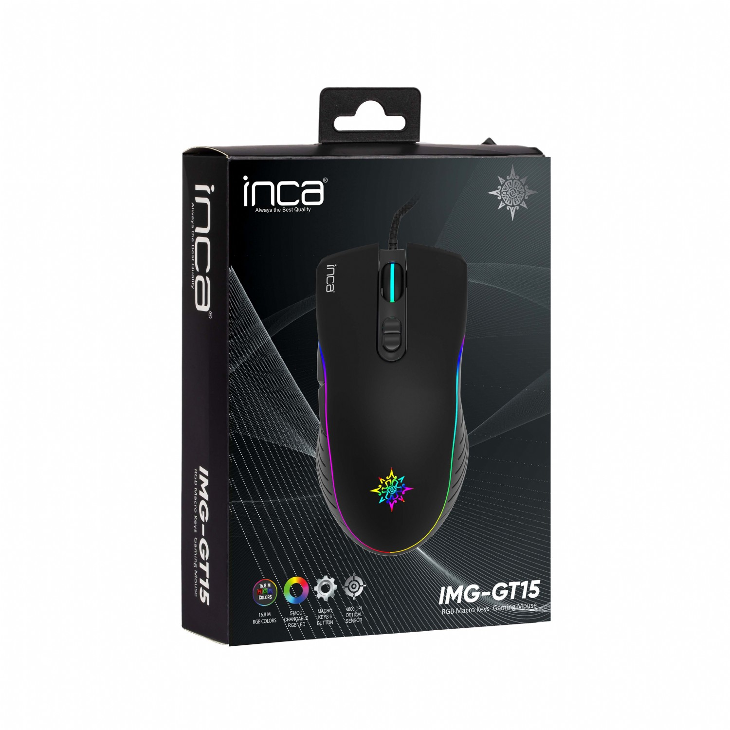 Eine schwarze Inca IMG-GT15 Gaming-Maus in ihrer Box. Die Box hat das Inca-Logo und Details zu den Funktionen der Maus.