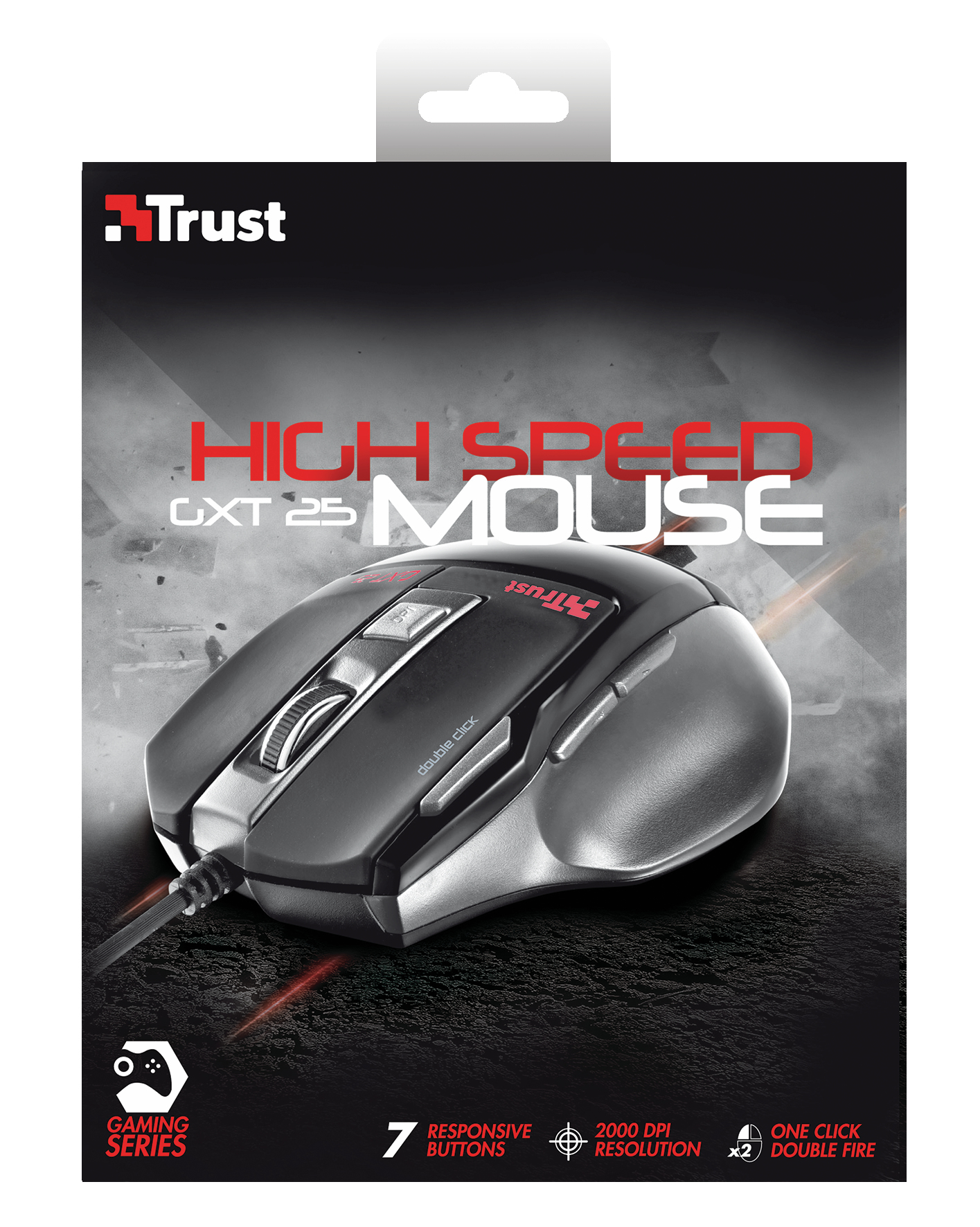 Eine schwarze und graue Trust-Gaming-Maus. Die Verpackung hebt Funktionen wie 7 Tasten, 2000 DPI und Doppelfeuer hervor.