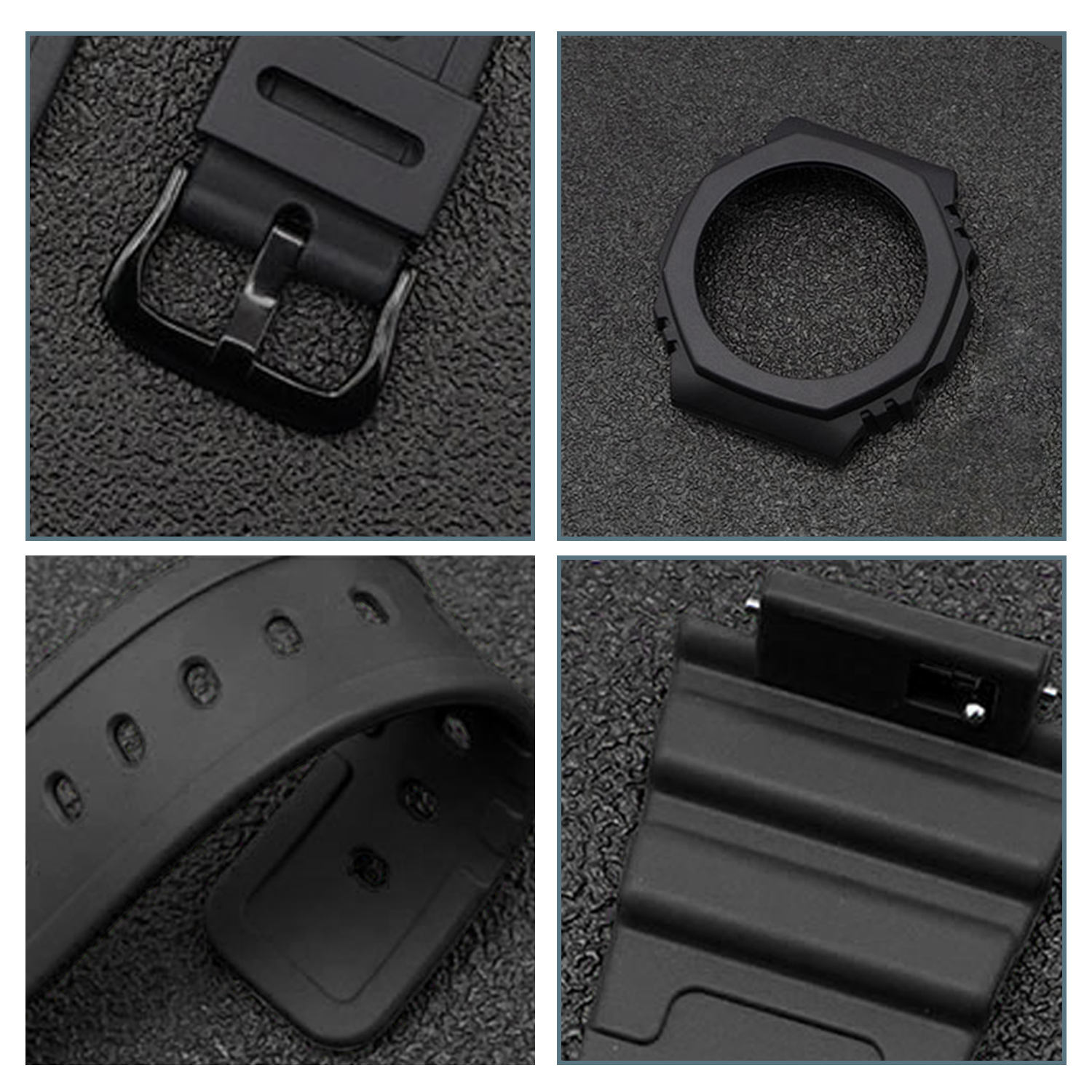 Nahaufnahme von Uhrkomponenten: Schnalle, Uhrengehäuse, Armband mit Löchern und Armbanddetail. Alle Teile sind schwarz.