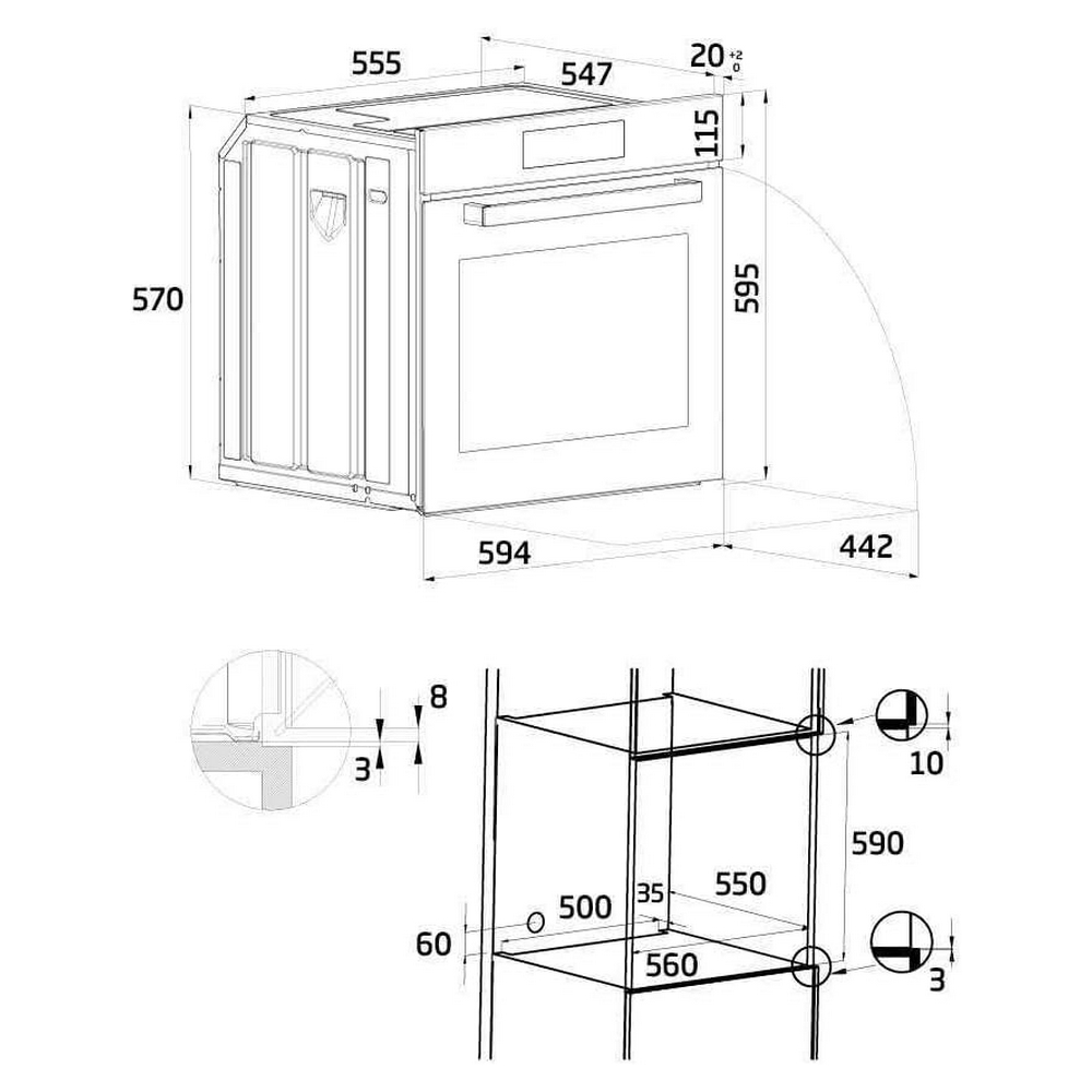 Diagramma di un forno con dimensioni in millimetri. Include una vista dettagliata dei componenti del forno e della struttura circostante.