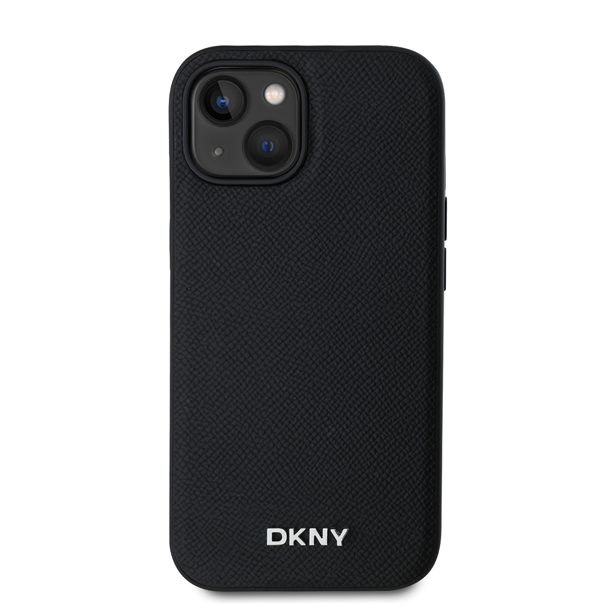 Una custodia per telefono DKNY nera. La custodia ha una superficie strutturata e un ritaglio per la fotocamera nella parte superiore. Il logo DKNY è in basso.