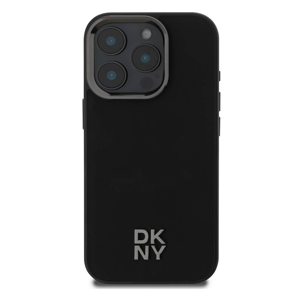 Custodia per telefono nera con logo DKNY. Ha tre obiettivi della fotocamera e un flash. La custodia è nera ed elegante.