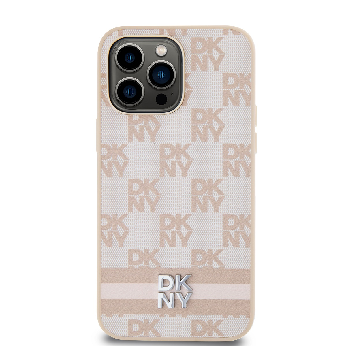 Una custodia per telefono con il logo DKNY in un motivo ripetuto. La custodia è beige con una striscia verticale beige e logo DKNY argentato.